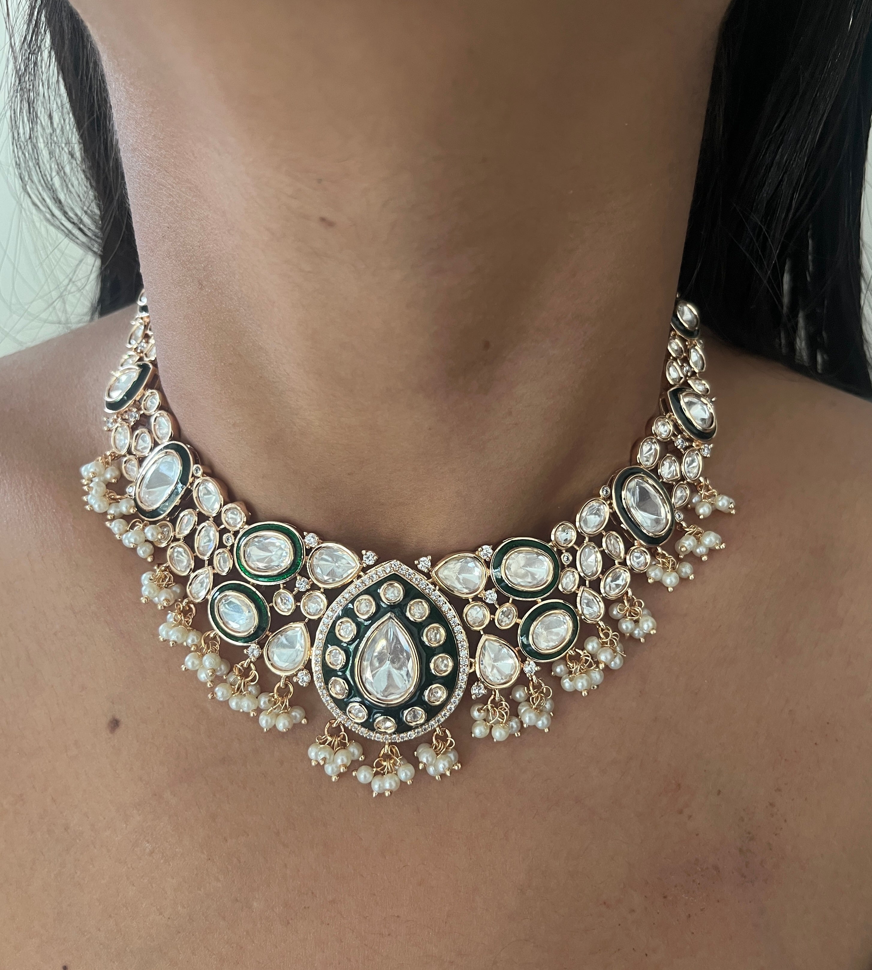 Bold Kundan Meenakari necklace with minimal pearls Peroi