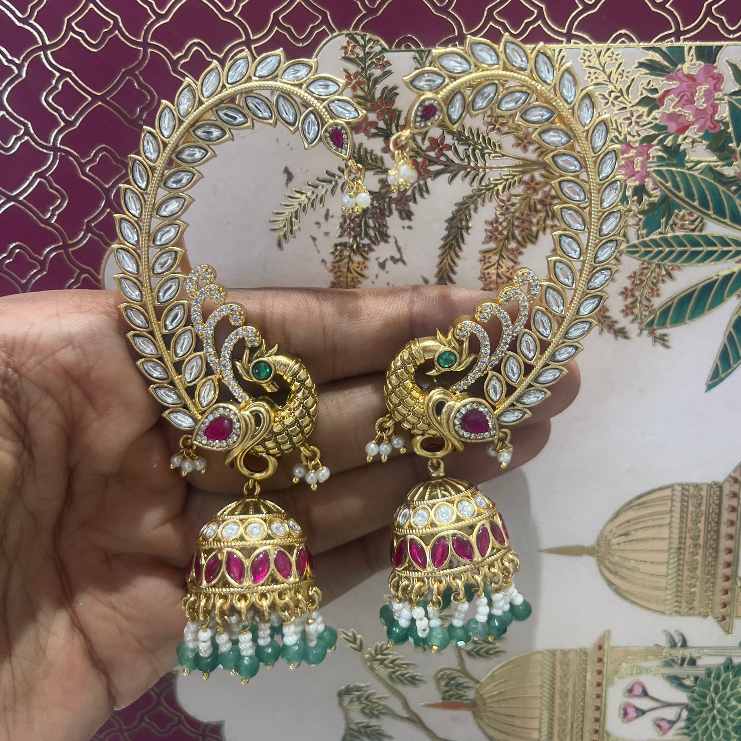 Antique Kemp Kundan Peacock Ear Cuffs