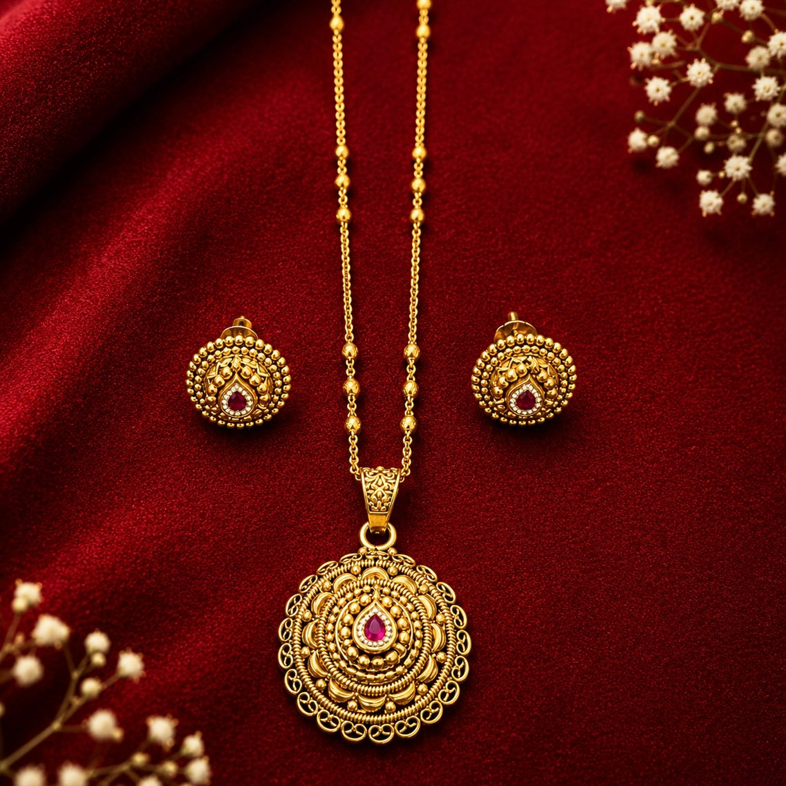 Rajeshwari Antique Ruby Pendant Set