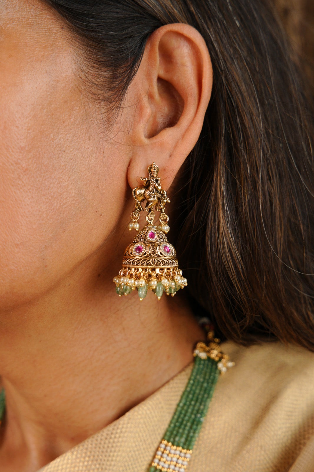 Divine Krishna Ensemble – Antique Gold & Green Bead Set