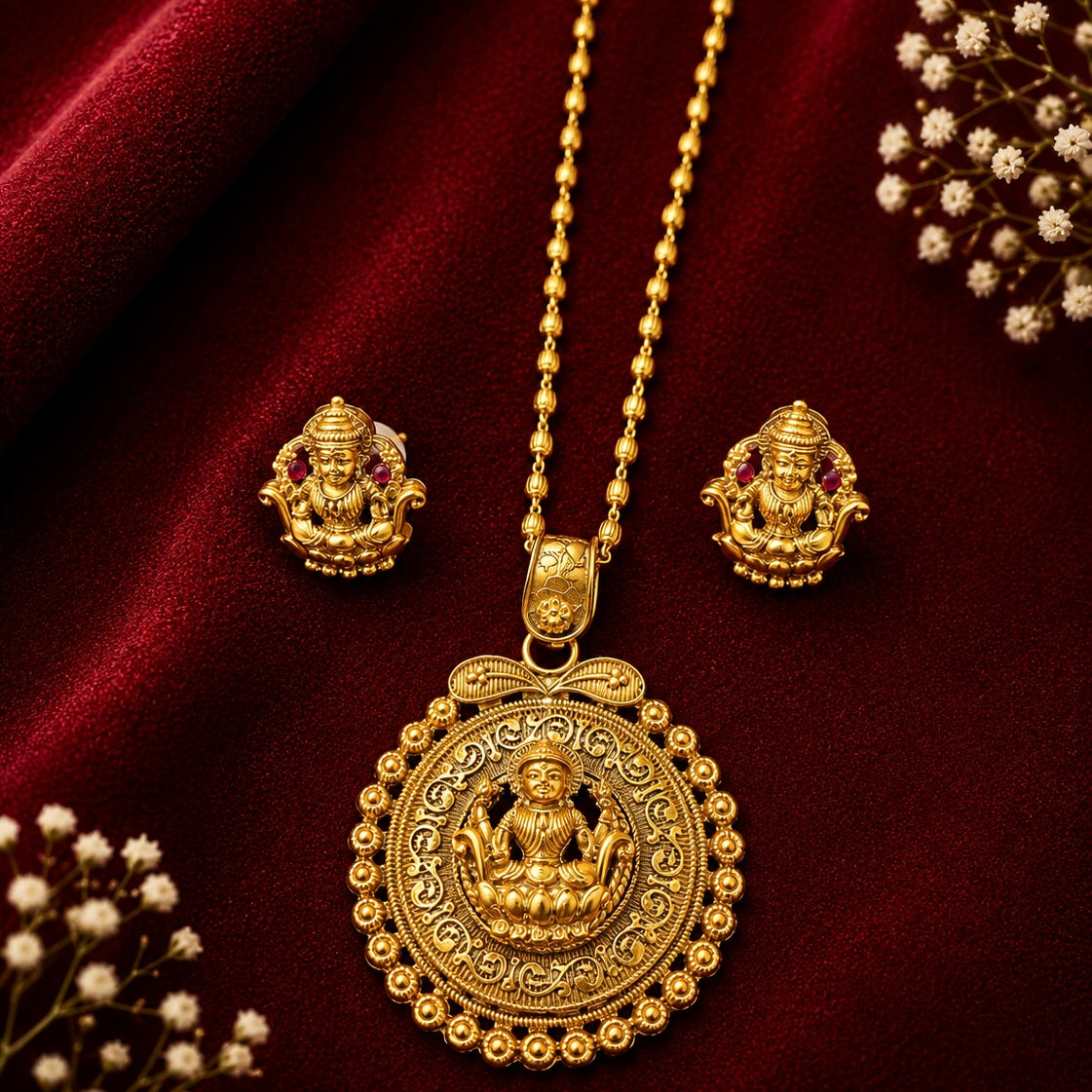 Shri Lakshmi Antique Gold Pendant Set