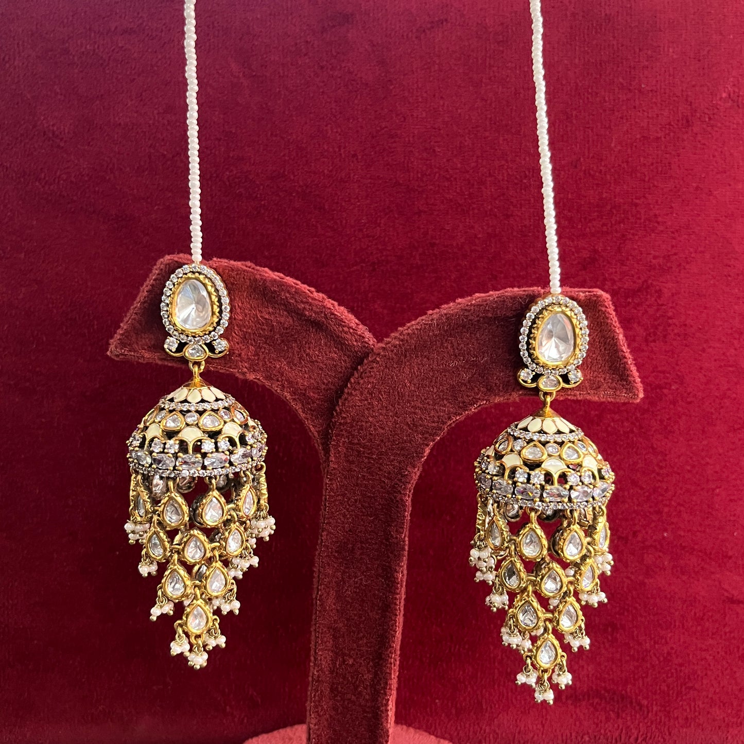 Statement Moissanite Polki Jhumkis with Pearl Shara – Victorian Finish
