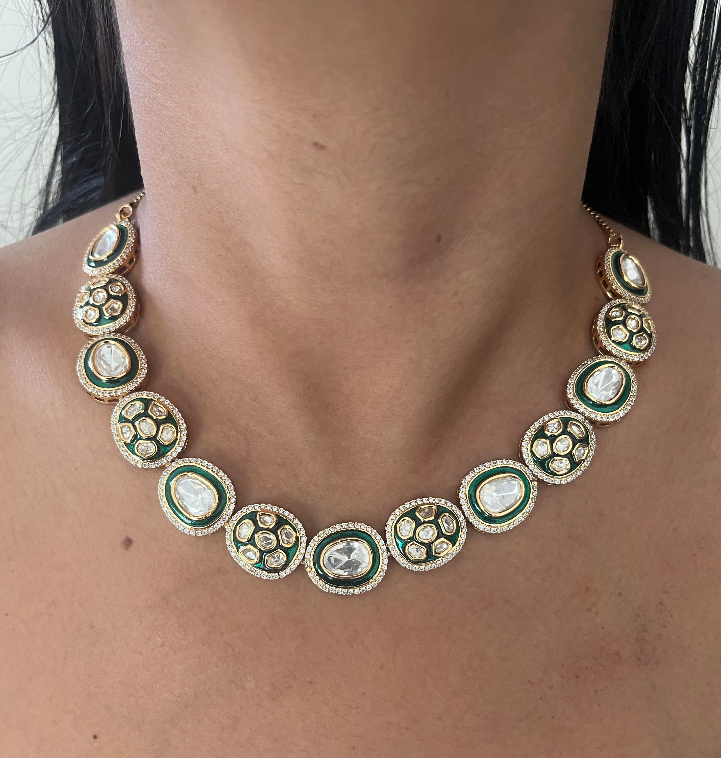 Oval Kundan set With green Meenakari