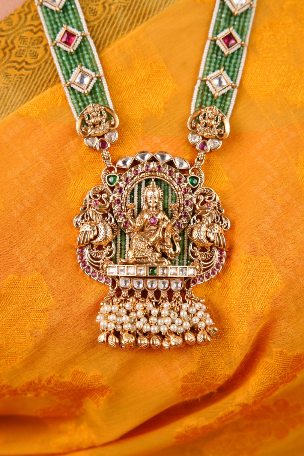 Divine Lakshmi Temple Set – Green Beads with Red Kemp & Kundan
