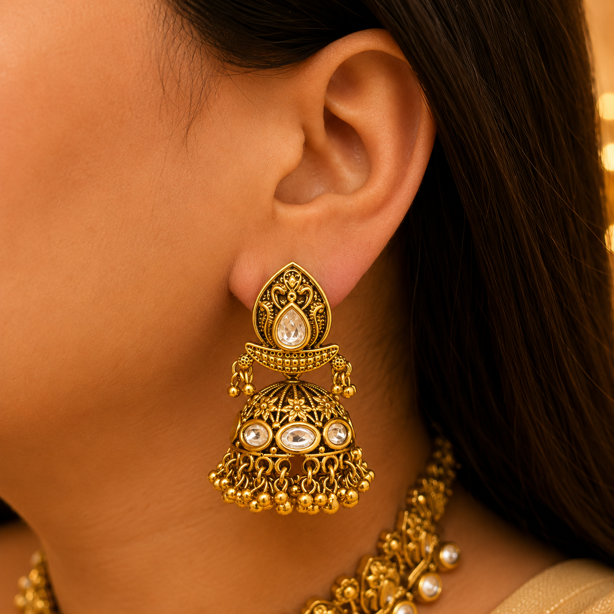 Aaranya V-Shape Kundan Waterfall Necklace Set