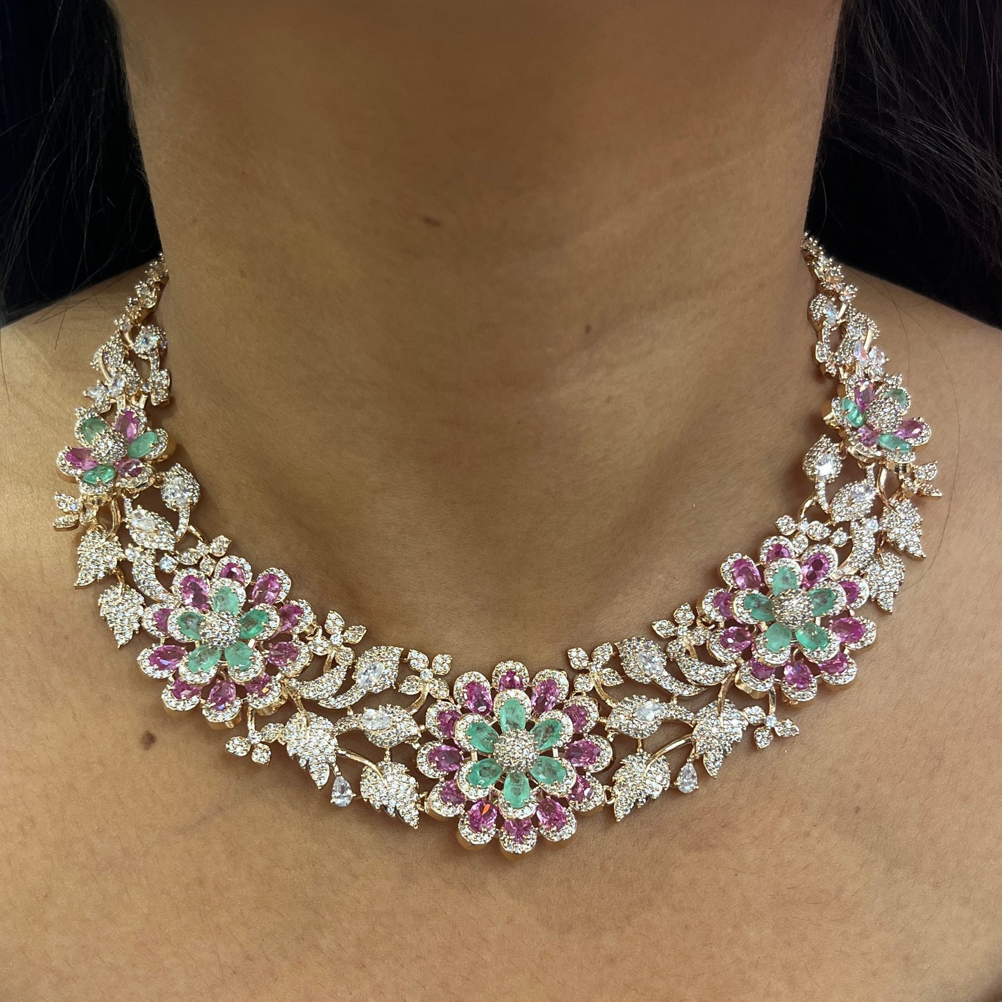 Mint Royale – Rose Gold Floral Crystal Necklace Set