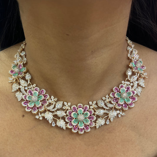 Mint Royale – Rose Gold Floral Crystal Necklace Set
