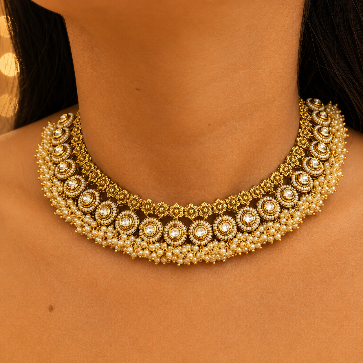 Pushpika Antique Gold Flower Kundan Necklace Set