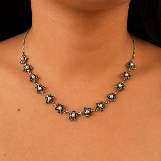 Pearl Blossom Marcasite Silver Necklace