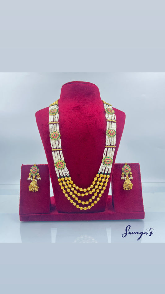 Multi Layer Royal Matar Mala With Pearls Peroi! With medium size Jhumki’s