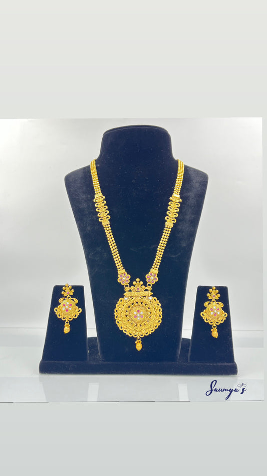 Rajwadi Gold Look long set with round pendant & kempo stone