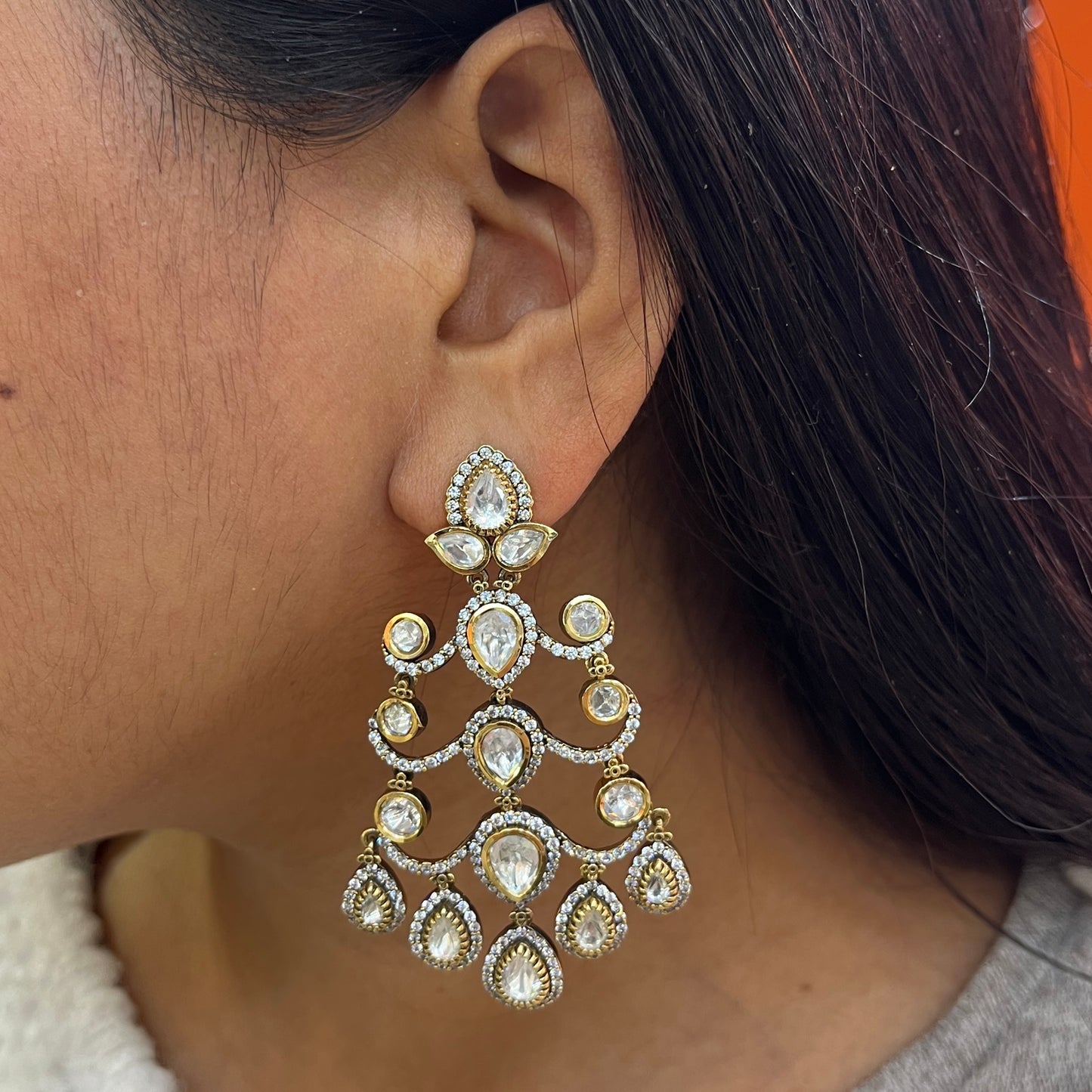 Moissanite Polki Victorian Finish Chandelier Earrings