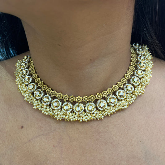 Pushpika Antique Gold Flower Kundan Necklace Set