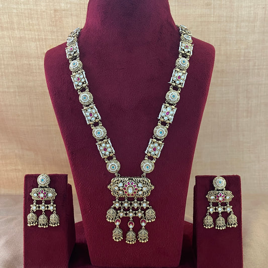 Rajkumari Kundan Red & Mint Stone Long Set
