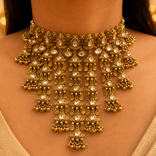 Aaranya V-Shape Kundan Waterfall Necklace Set