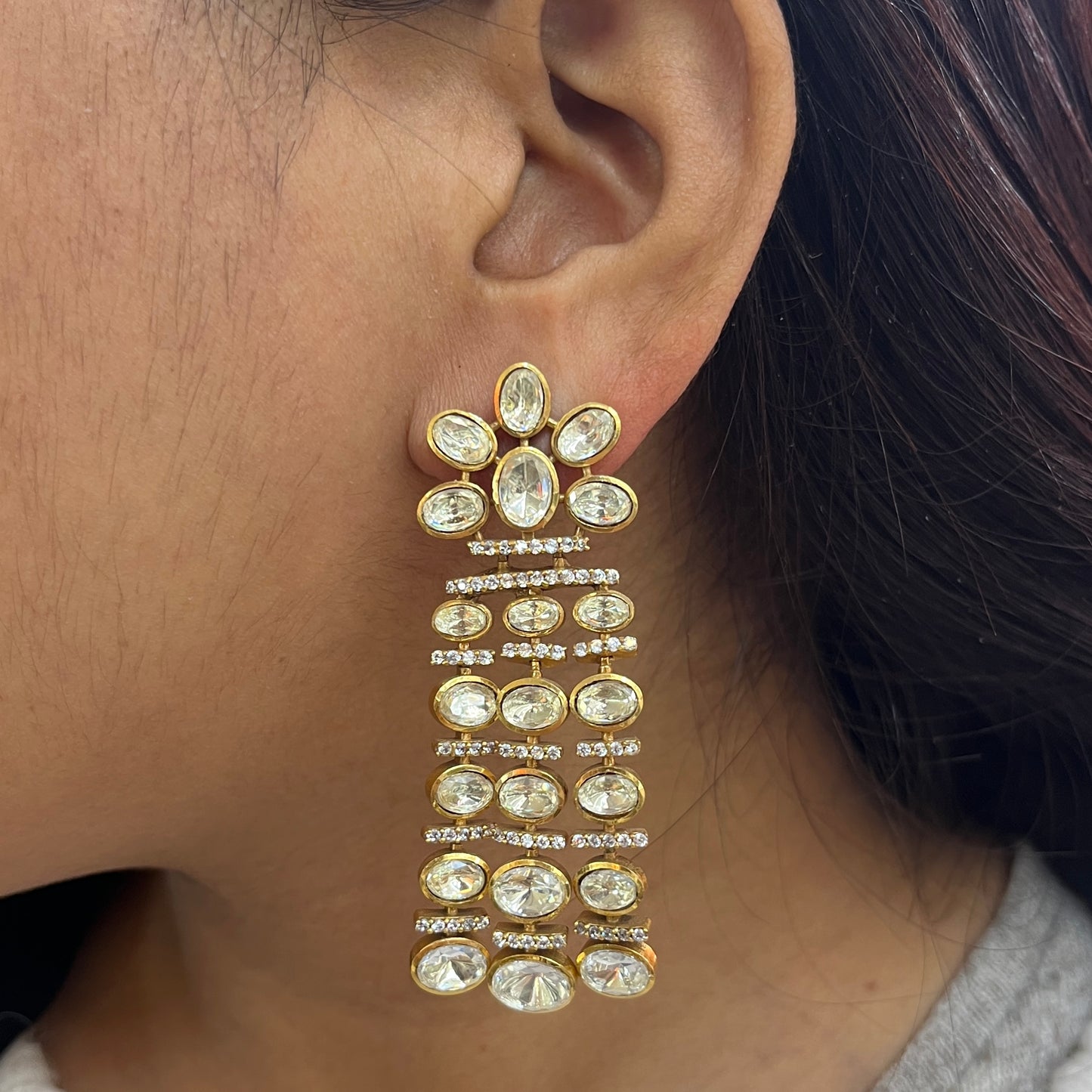 Indo-Western Moissanite Polki Floral Drop Earrings