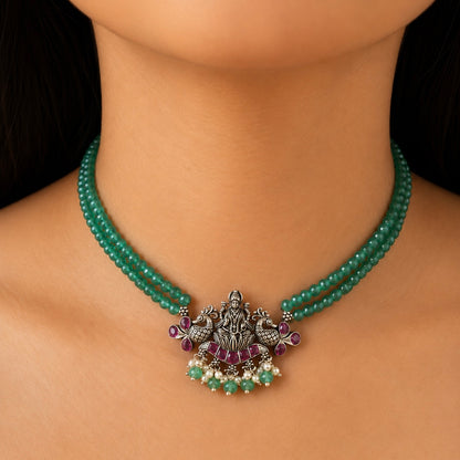 Lakshmi Emerald Beaded Silver Choker
