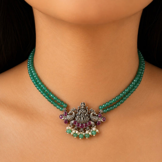 Lakshmi Emerald Beaded Silver Choker