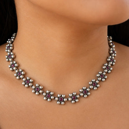 Ruby Blossom Antique Silver Necklace