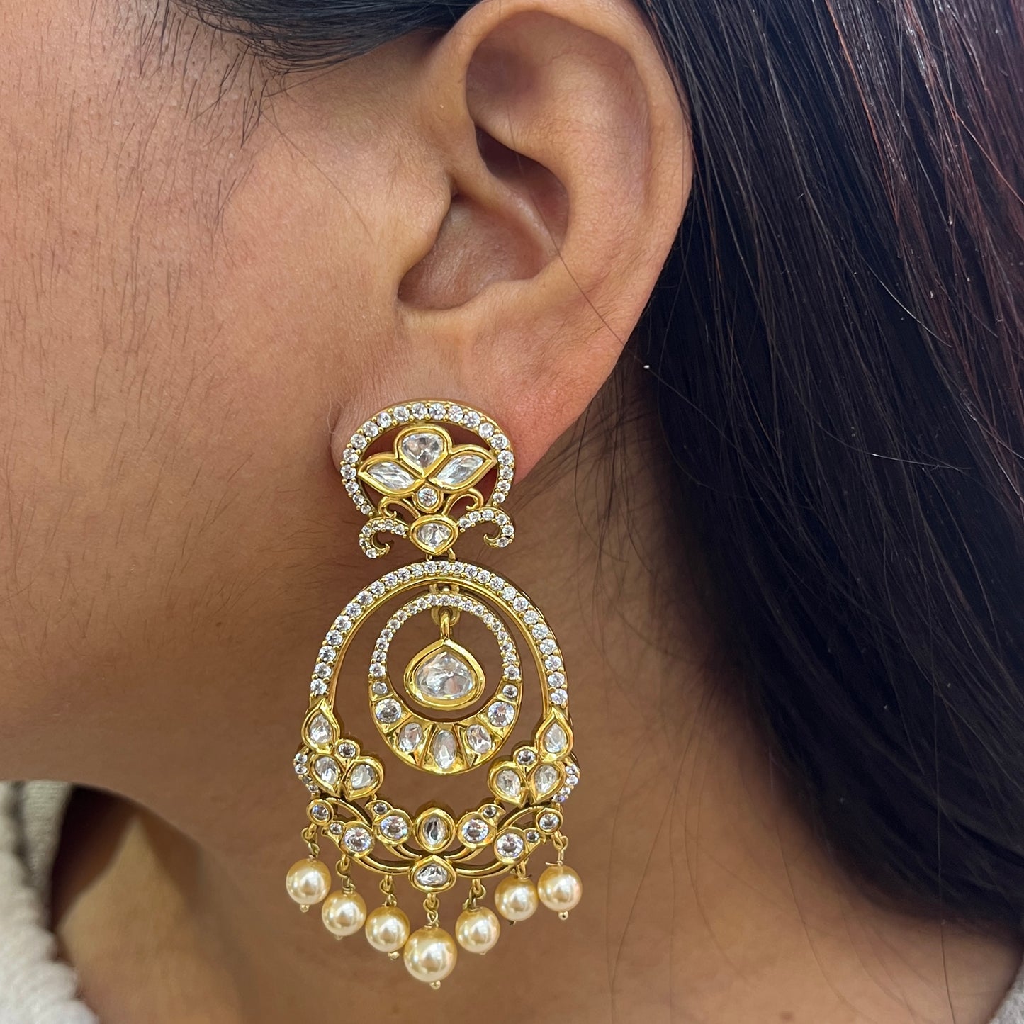Classic Moissanite Polki Crescent Chand Bali – Victorian Finish