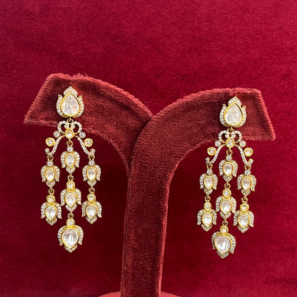 Western Moissanite Polki Three-Line Hanging Earrings – Victorian Finish