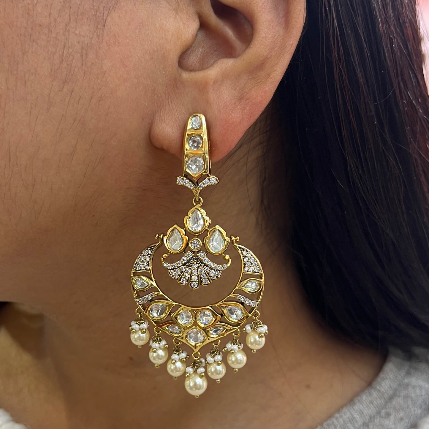 Moissanite Polki Victorian Finish Chand Bali Earrings