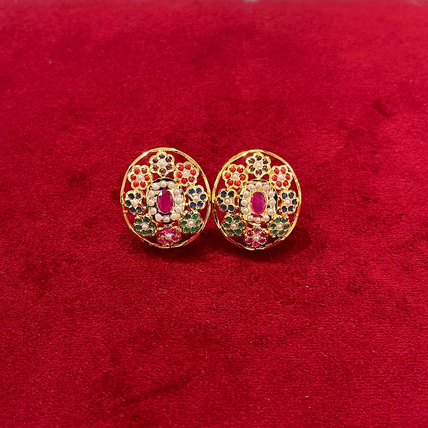 Oval Jadau Navratan Studs