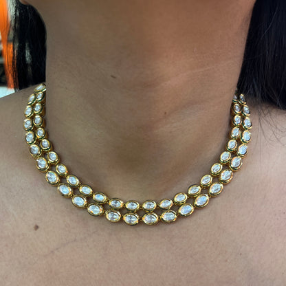 Elegant Double-Line Oval Kundan Necklace