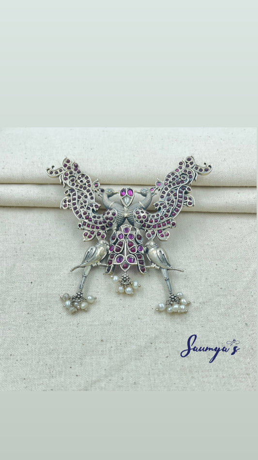 Beautiful Combination of Peacock,Birds & Ruby Kemp stone Pendant!