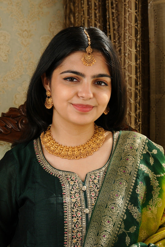 Antique Gold Necklace Set with Tikka – Perfect for Small Functions & Weddings