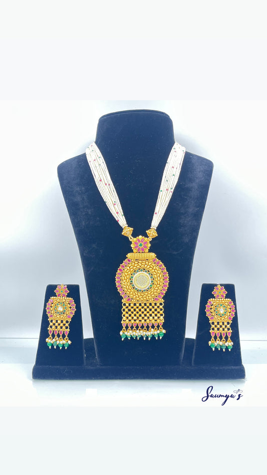 Elegant Long Set a with Round pendant, meenakari and kempo  stone