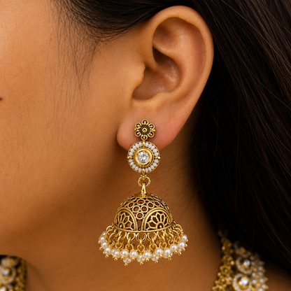 Pushpika Antique Gold Flower Kundan Necklace Set
