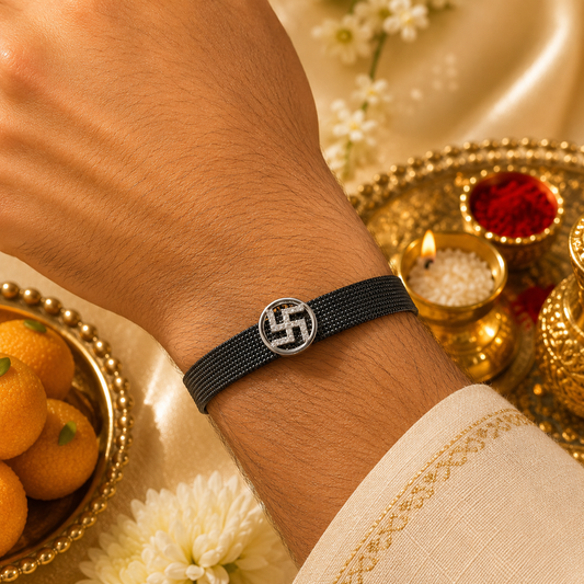 Auspicious Swastik Silver Rakhi Bracelet