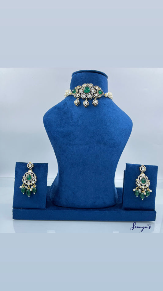 Victorian Chic choker set with Deaitled Moissanite polki, AD & Semi precious Emerald stone!