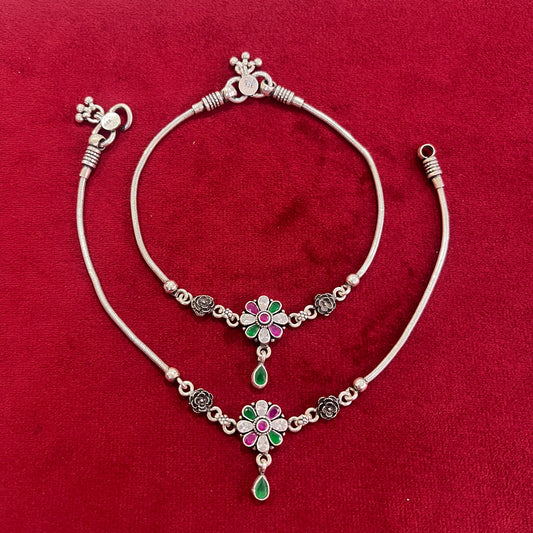 Antique Silver Floral Design Anklet
