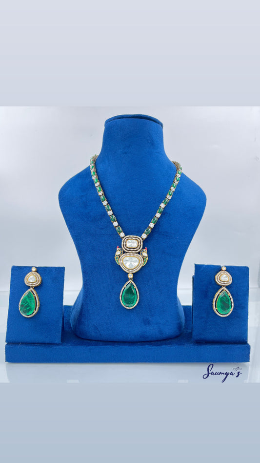 Unique Peacock Necklace With combination of AD, Moissnaite polki & emerald double stone!