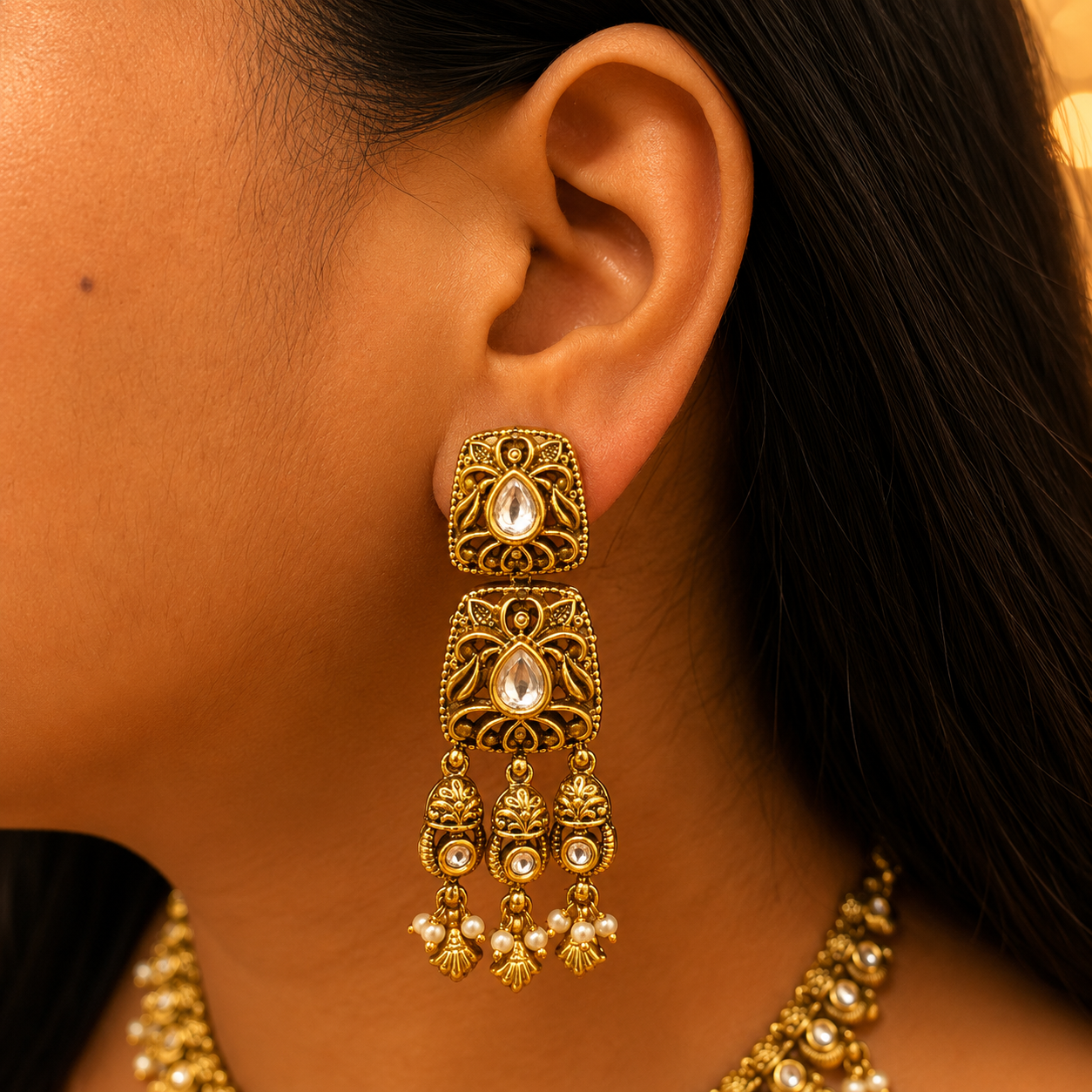 Anvika Minimal Kundan Necklace Set with Long Earrings