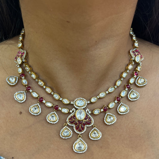 Rajwada Noor – Double Line Moissanite Polki Necklace Set with Ruby Epoxy Accents