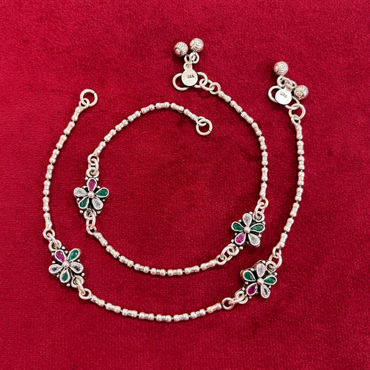 Bone-Shaped Antique Silver Anklet with Tricolour Flower Stones