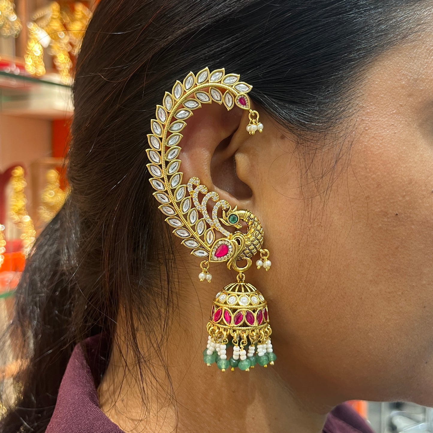 Antique Kemp Kundan Peacock Ear Cuffs