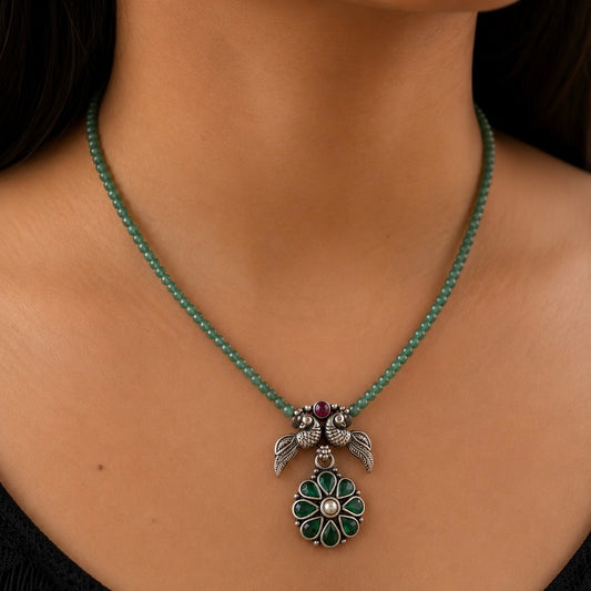 Mayura Emerald Blossom Silver Pendant Set