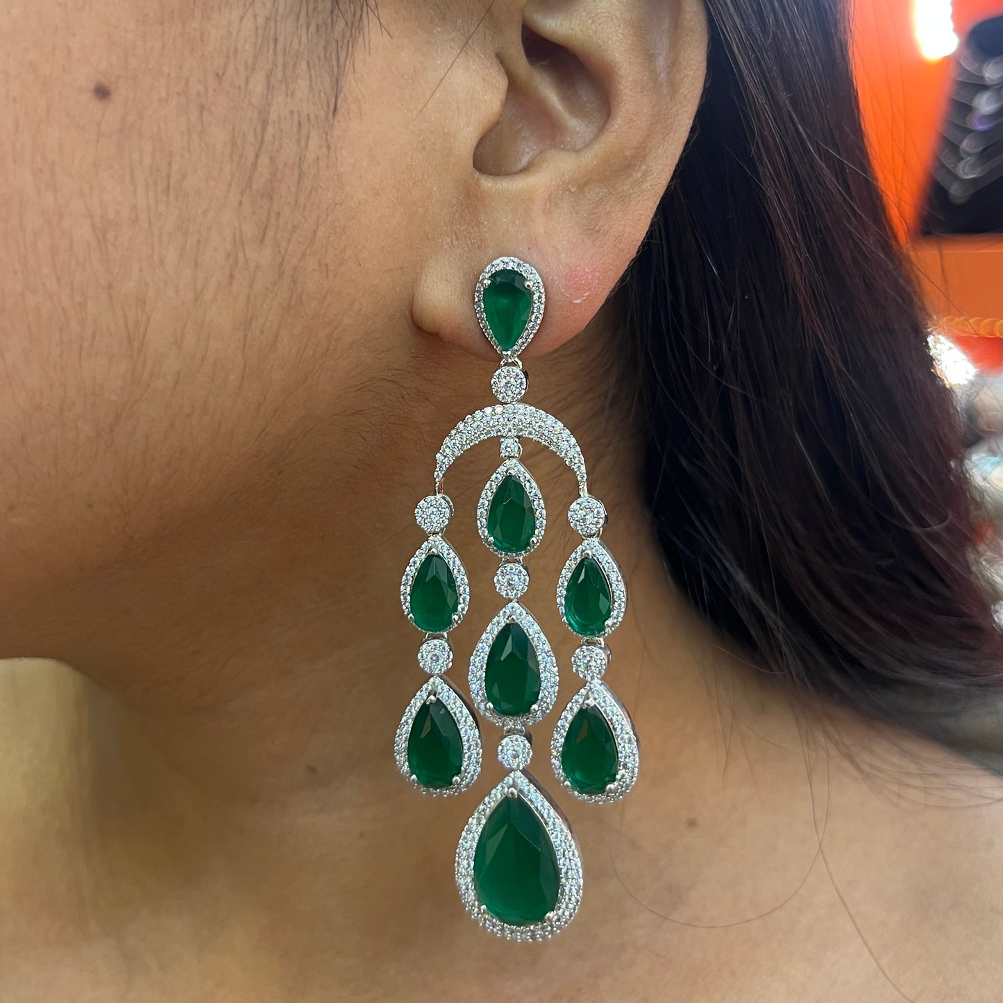 Emerald Grace 3-Layer American Diamond Hanging Earrings
