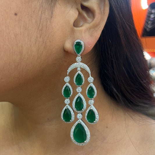 Emerald Grace 3-Layer American Diamond Hanging Earrings