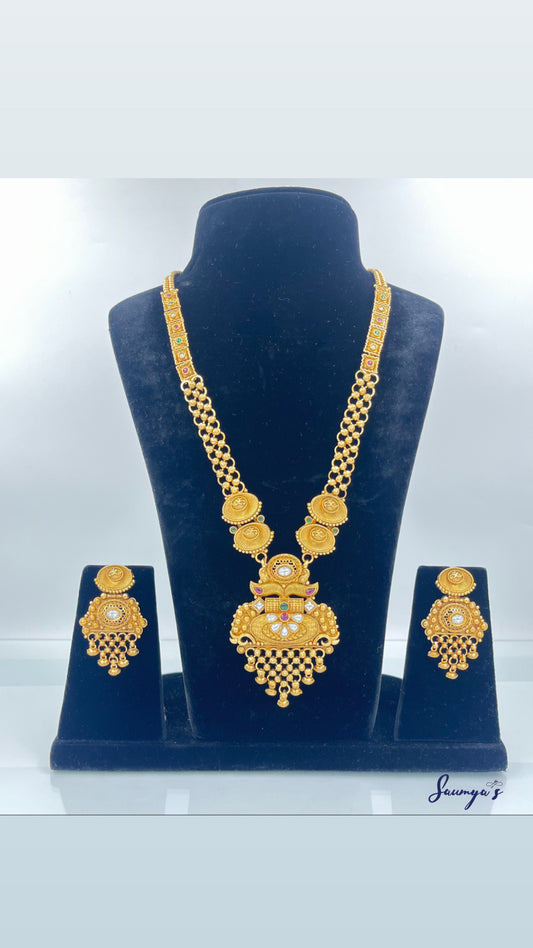 Rajwadi Gold look long set with Kudan work and kempo stone