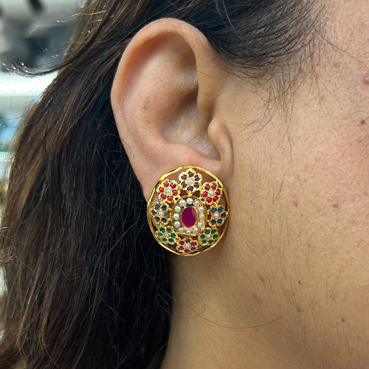 Oval Jadau Navratan Studs