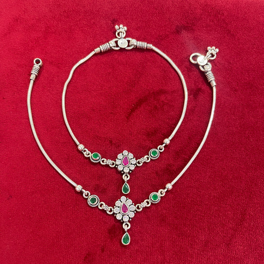 Tricolour Cut-Stone Anklet – Antique Silver Finish