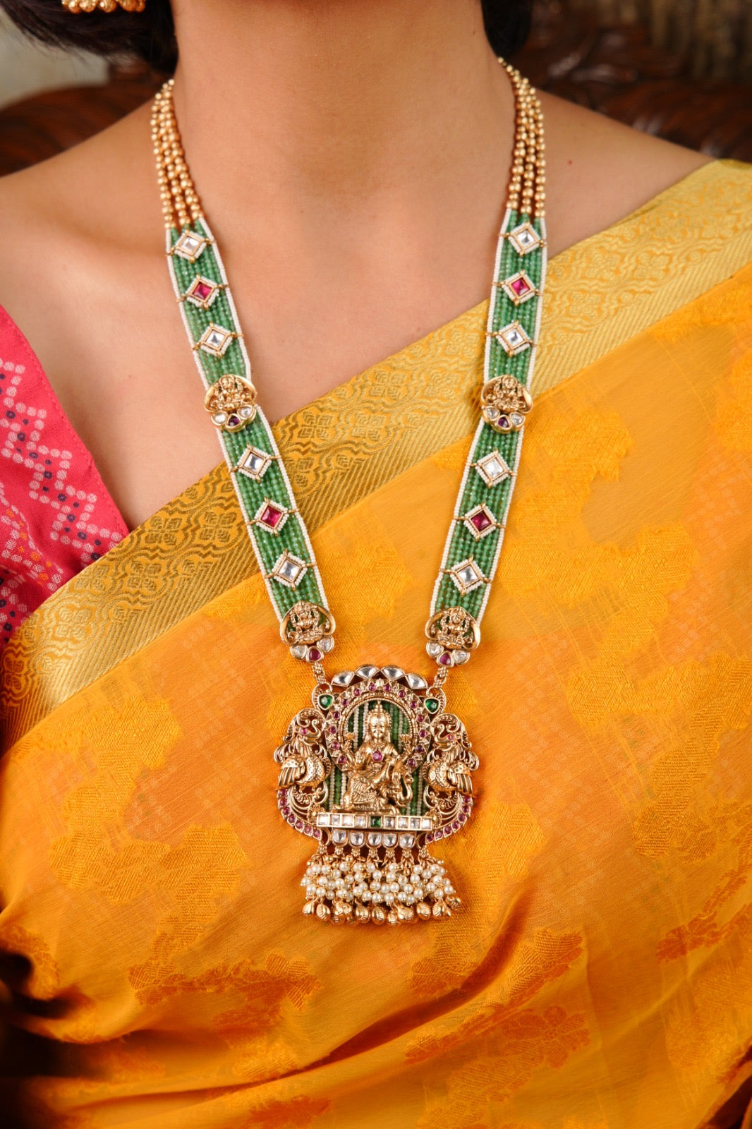 Divine Lakshmi Temple Set – Green Beads with Red Kemp & Kundan