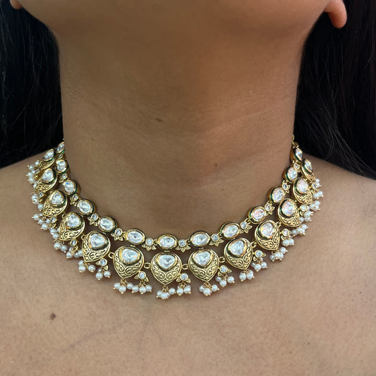 Antique Gold Double-Line Kundan Necklace with Pearls