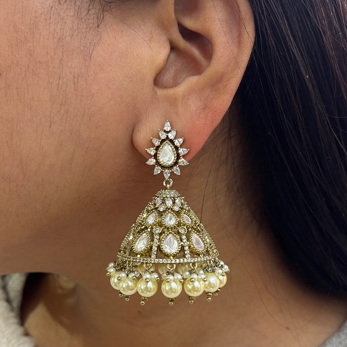 Moissanite Polki Victorian Finish Pearl Jhumki