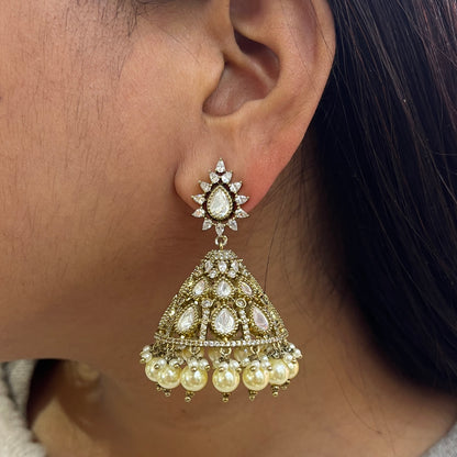 Moissanite Polki Victorian Finish Pearl Jhumki